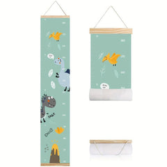 Dinosaur Kids Growth Chart Wood Frame Fabric Canvas Height Measurement Ruler