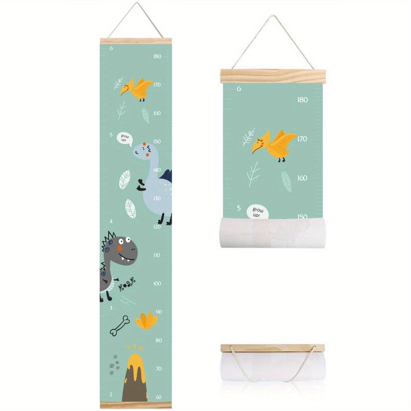Dinosaur Kids Growth Chart Wood Frame Fabric Canvas Height Measurement Ruler