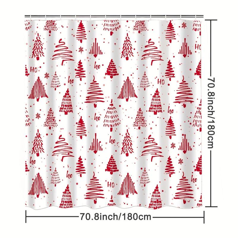 Merry Christmas Shower Curtain Christmas Pine Red Winter Snow Shower w/ 12 Hooks