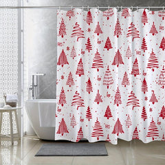 Merry Christmas Shower Curtain Christmas Pine Red Winter Snow Shower w/ 12 Hooks
