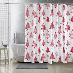 Merry Christmas Shower Curtain Christmas Pine Red Winter Snow Shower w/ 12 Hooks