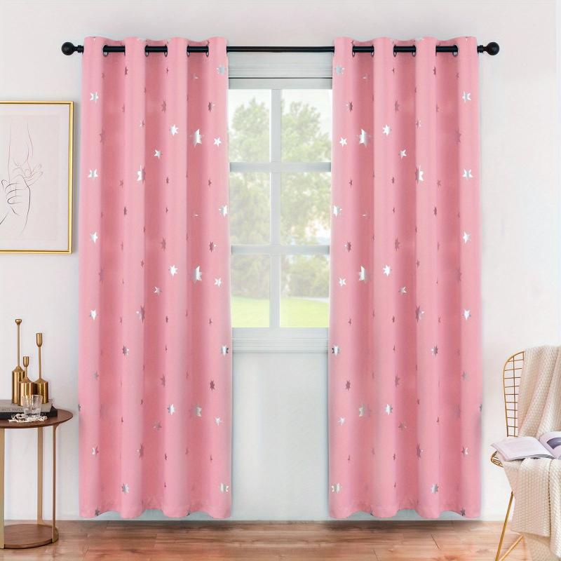 2pcs Blackout Pink Curtains Stars Foil Print Room Darkening Drapes