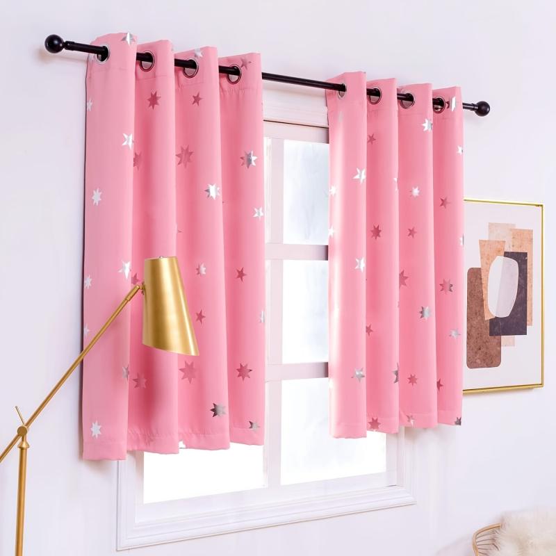 2pcs Blackout Pink Curtains Stars Foil Print Room Darkening Drapes