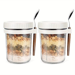 2pcs Glass Food Jars with Lid and Spoon for Oats Cereal Salad