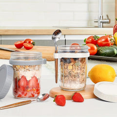 2pcs Glass Food Jars with Lid and Spoon for Oats Cereal Salad