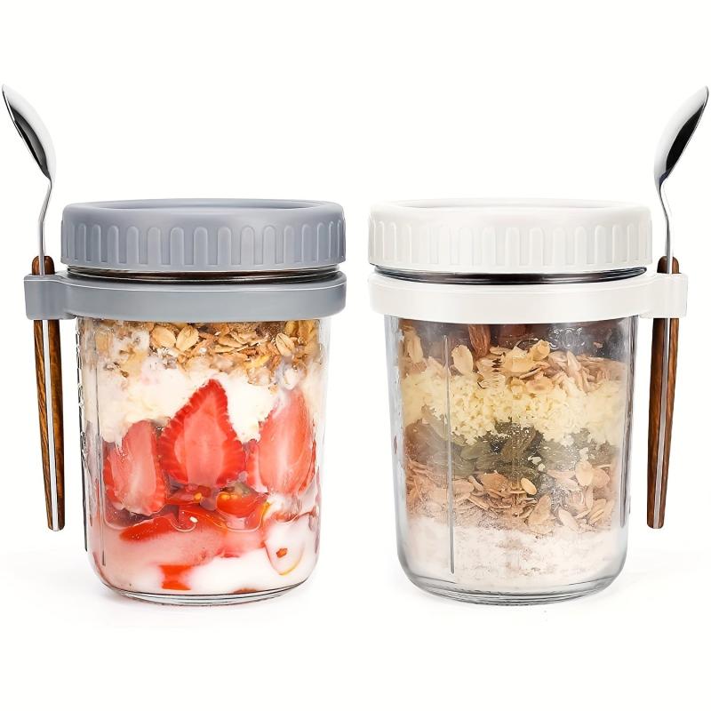 2pcs Glass Food Jars with Lid and Spoon for Oats Cereal Salad