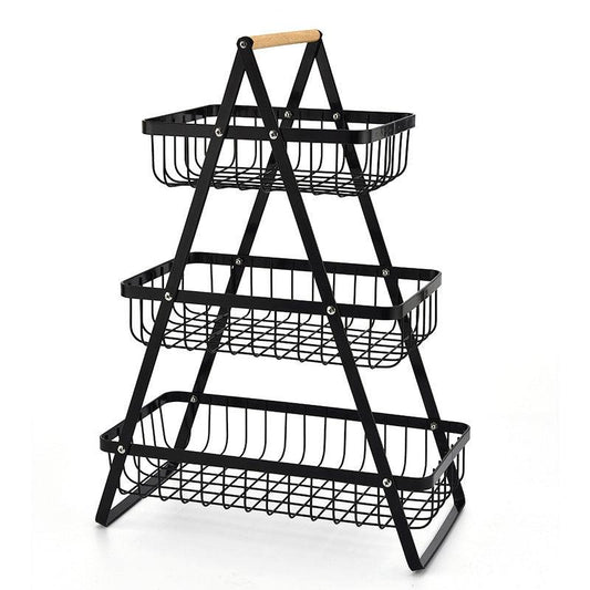 3 Tier Countertop Fruit Basket with Wood Handle Kitchen Storage