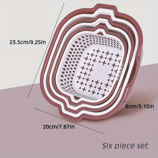 6pcs Set Double Layer Vegetable Washing Basin Drain Baskets