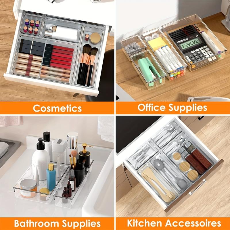 13 Pcs Utensil Desk Drawer Organizers Clear Plastic Storage Bins Tray Dividers