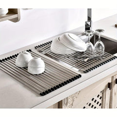 Stainless Steel Roll Up Dish Drying Rack Sink Drainer Foldable Kitchen Accessory