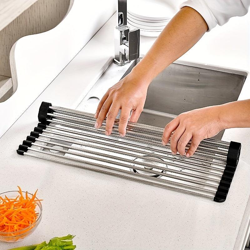 Stainless Steel Roll Up Dish Drying Rack Sink Drainer Foldable Kitchen Accessory