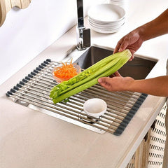 Stainless Steel Roll Up Dish Drying Rack Sink Drainer Foldable Kitchen Accessory