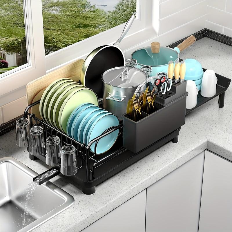Multifunctional Extendable Dish Rack with Cutlery & Cup Holders