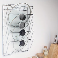 Stainless Steel 5 Tier Pot & Lid Rack w/Cutting Board Storage