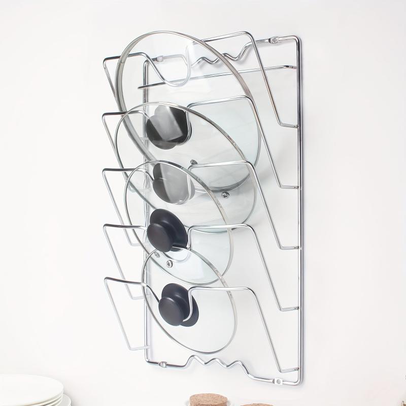 Stainless Steel 5 Tier Pot & Lid Rack w/Cutting Board Storage