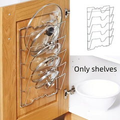 Stainless Steel 5 Tier Pot & Lid Rack w/Cutting Board Storage