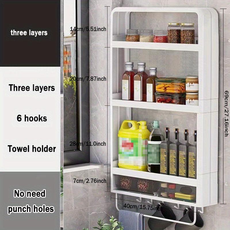 Layer Wall Mounted Spice Rack with 6 Hooks Punching Storage Shelf for Kitchen