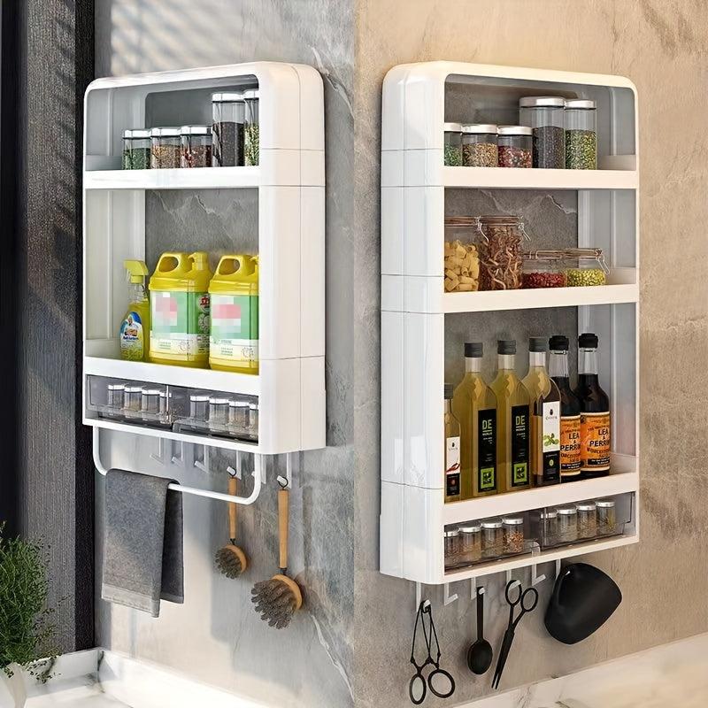 Layer Wall Mounted Spice Rack with 6 Hooks Punching Storage Shelf for Kitchen