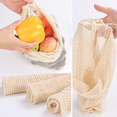 Reusable Cotton Mesh Vegetable Bag with Drawstring