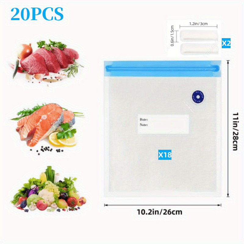 20pcs Reusable Vacuum Food Storage Bags - 3 Sizes, 2 Sealing Clips