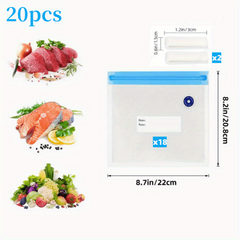 20pcs Reusable Vacuum Food Storage Bags - 3 Sizes, 2 Sealing Clips