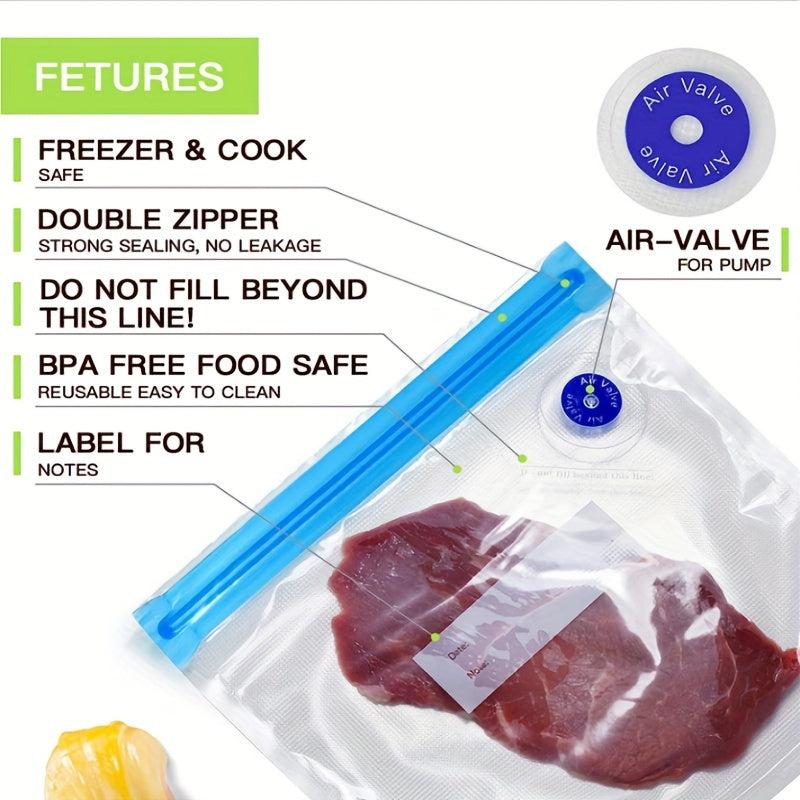 20pcs Reusable Vacuum Food Storage Bags - 3 Sizes, 2 Sealing Clips