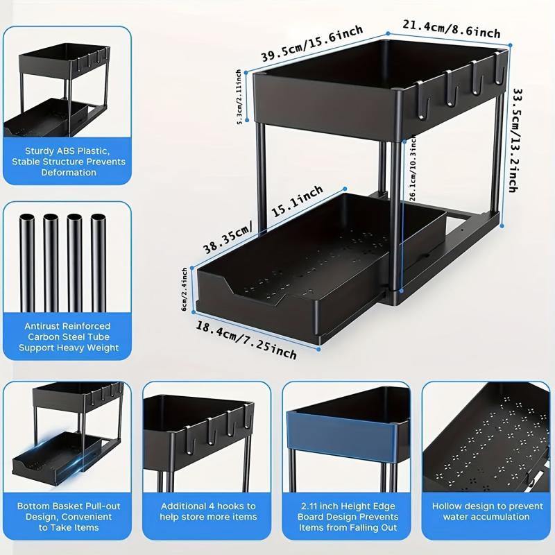 2pcs 2 Tier Sliding Cabinet Basket Organizer Under Sink Bathroom Kitchen Hooks