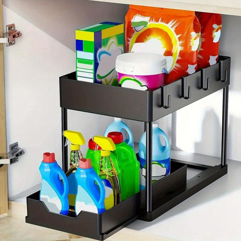2pcs 2 Tier Sliding Cabinet Basket Organizer Under Sink Bathroom Kitchen Hooks