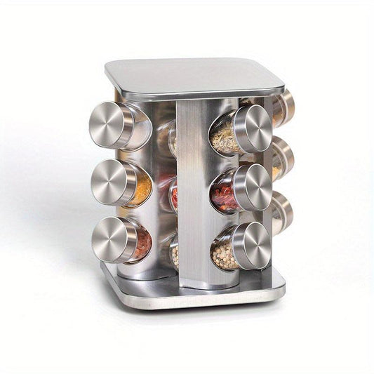Revolving Spice Rack Organizer with 12 Glass Jars - Stainless Steel Finish