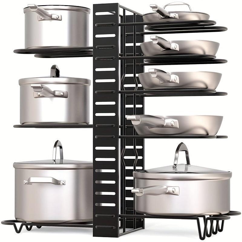 Adjustable 8 Tier Pot Rack Organizer with Lid Holders and Pan Rack