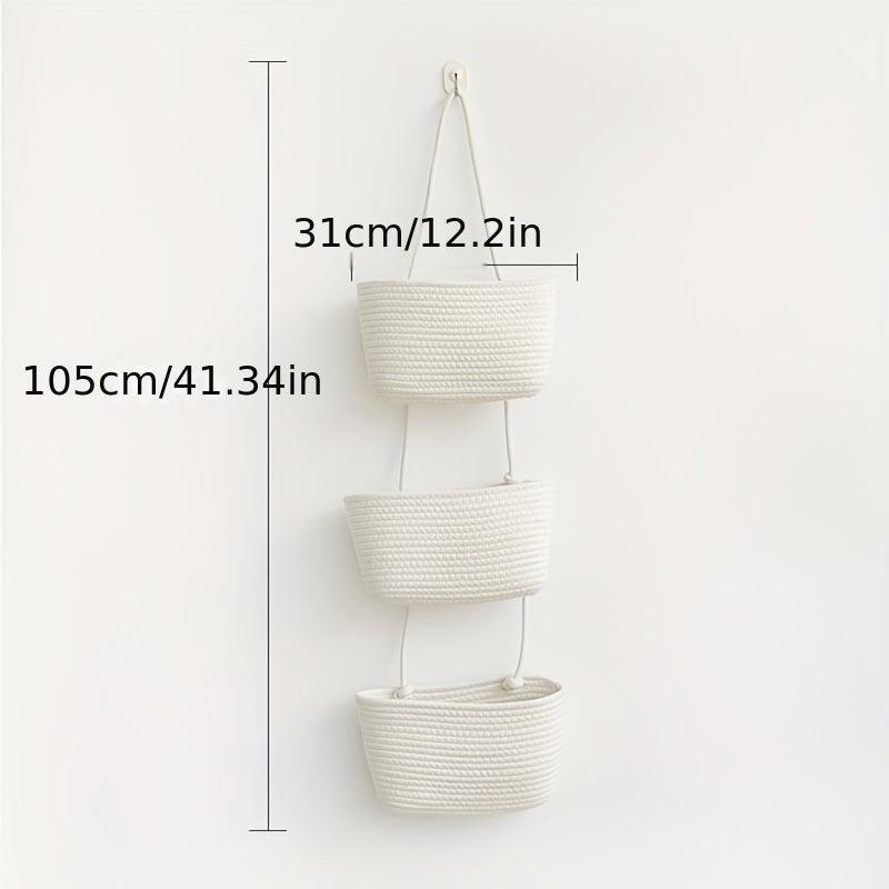 3-Tier Wall Hanging Basket Storage Organizer for Home - Cotton Rope