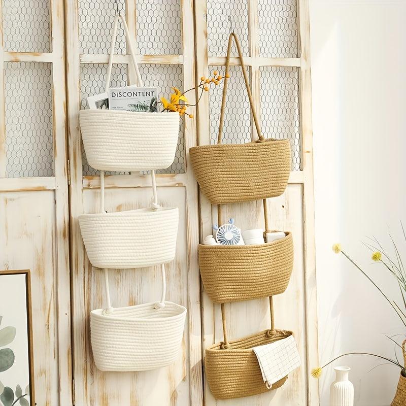 3-Tier Wall Hanging Basket Storage Organizer for Home - Cotton Rope