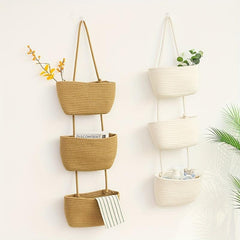 3-Tier Wall Hanging Basket Storage Organizer for Home - Cotton Rope