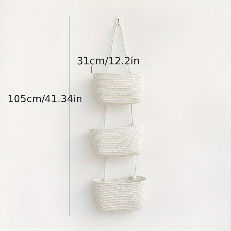 3-Tier Wall Hanging Basket Storage Organizer for Home - Cotton Rope