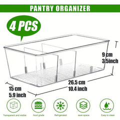 4-Pack Clear Plastic Pantry Storage Bins with Dividers