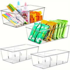 4-Pack Clear Plastic Pantry Storage Bins with Dividers