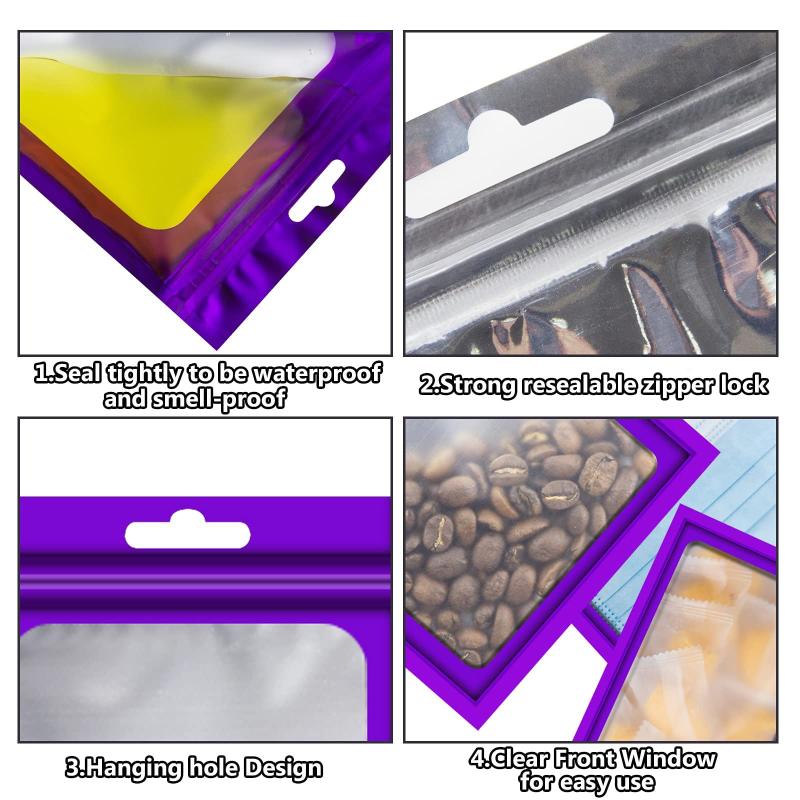 100pcs Matte Purple Resealable Mylar Bags with Window Ziplock for Various Items