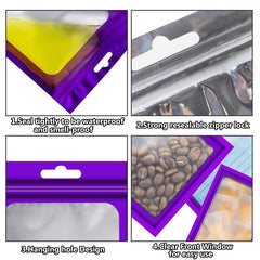 100pcs Matte Purple Resealable Mylar Bags with Window Ziplock for Various Items