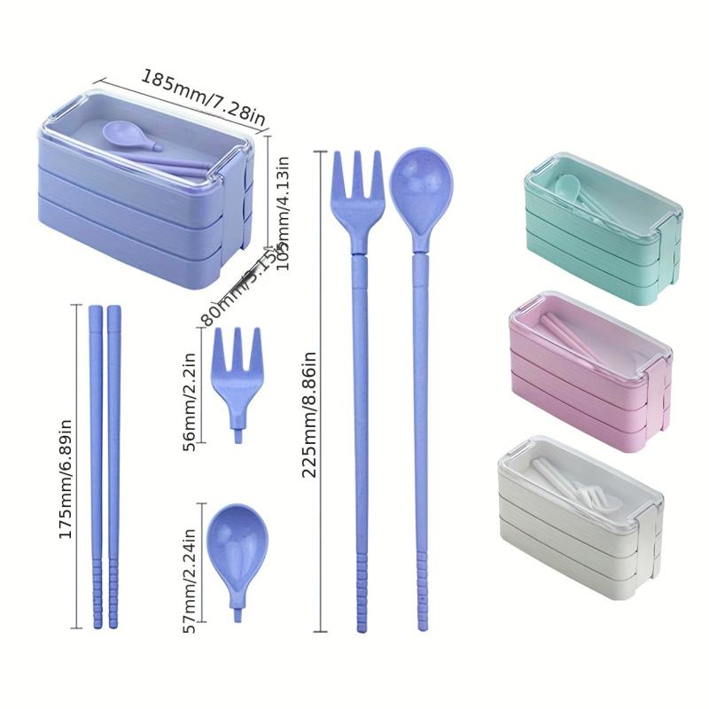 3-Layer Plastic Bento Box with Utensils