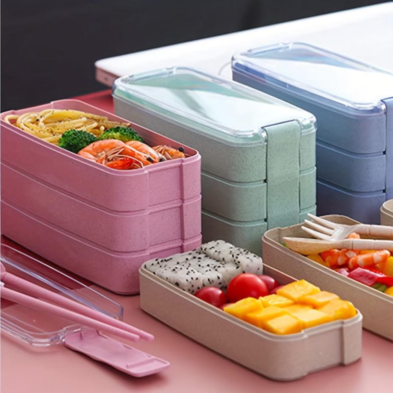 3-Layer Plastic Bento Box with Utensils