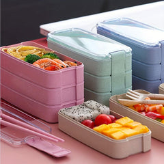 3-Layer Plastic Bento Box with Utensils