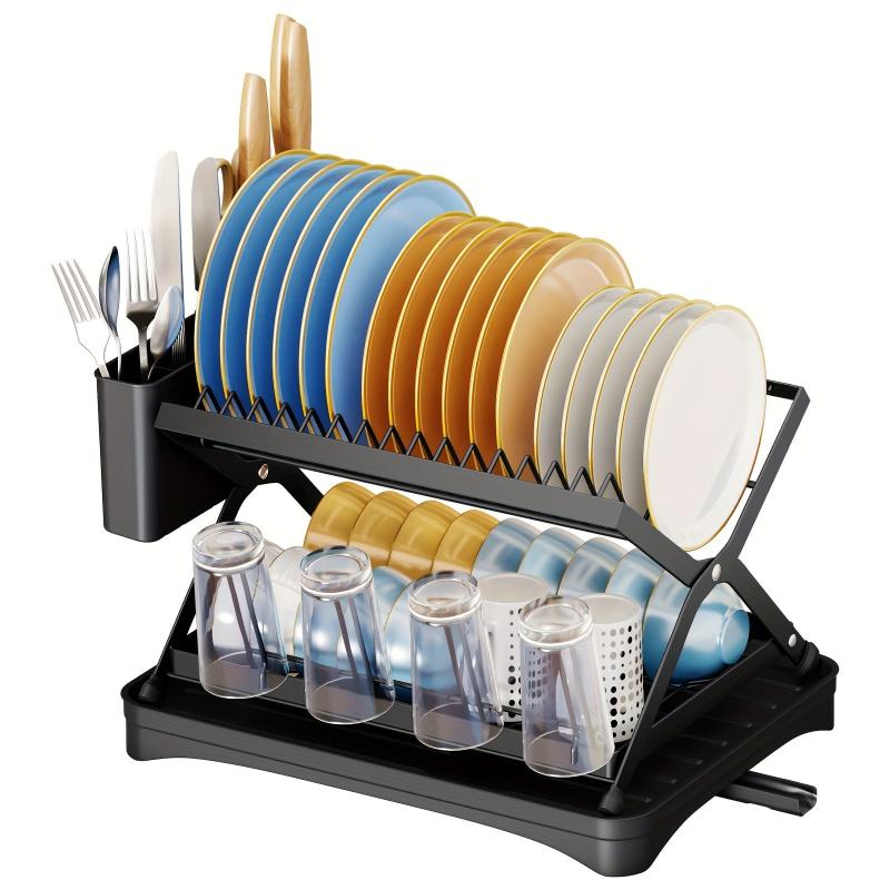 2 Tier Dish Rack with Drainage and Utensil Holder Foldable Dish Drainers