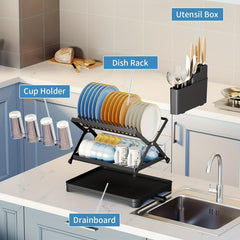 2 Tier Dish Rack with Drainage and Utensil Holder Foldable Dish Drainers