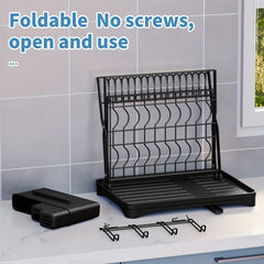 2 Tier Dish Rack with Drainage and Utensil Holder Foldable Dish Drainers