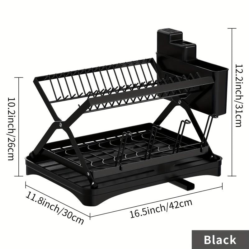2 Tier Dish Rack with Drainage and Utensil Holder Foldable Dish Drainers