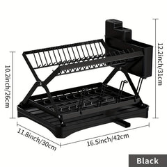 2 Tier Dish Rack with Drainage and Utensil Holder Foldable Dish Drainers