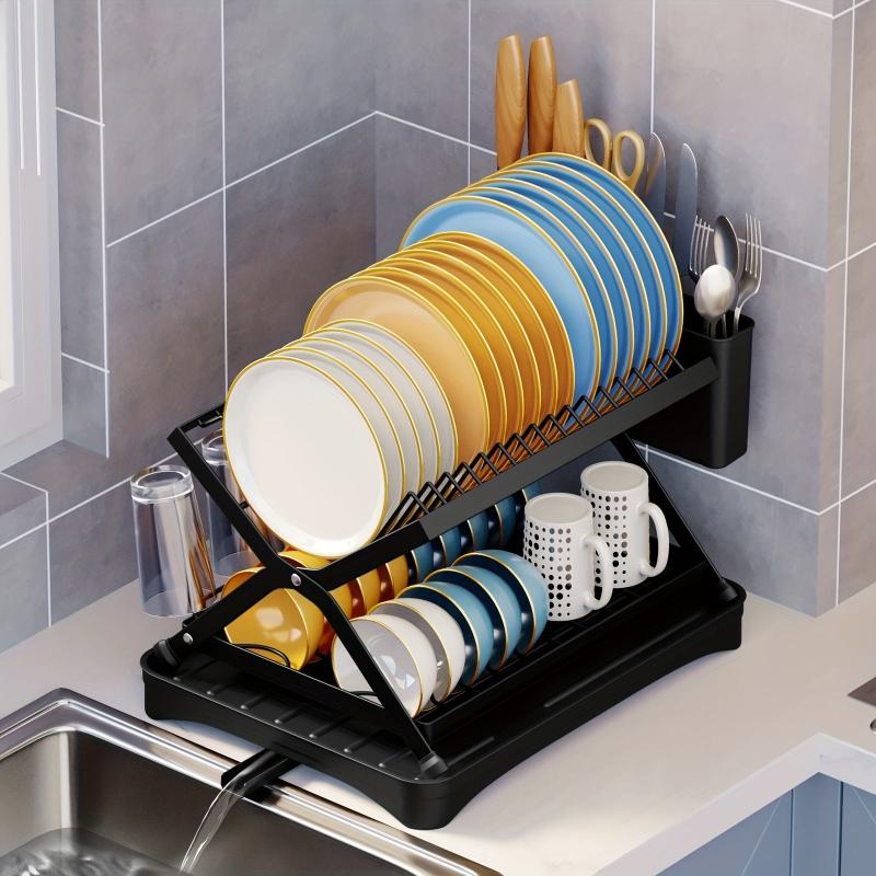 2 Tier Dish Rack with Drainage and Utensil Holder Foldable Dish Drainers