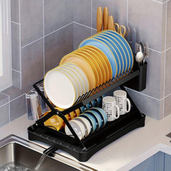 2 Tier Dish Rack with Drainage and Utensil Holder Foldable Dish Drainers