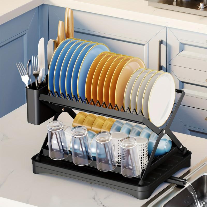 2 Tier Dish Rack with Drainage and Utensil Holder Foldable Dish Drainers