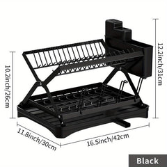 2 Tier Dish Rack with Drainage and Utensil Holder Foldable Dish Drainers